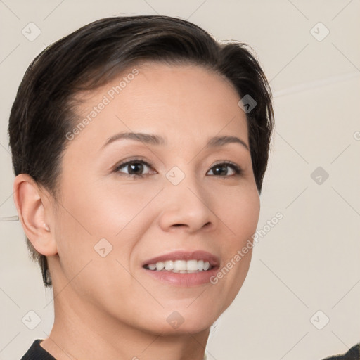 Joyful white young-adult female with short  brown hair and brown eyes