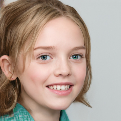 Joyful white child female with medium  brown hair and blue eyes