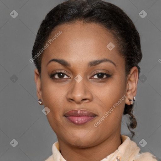 Joyful latino young-adult female with short  brown hair and brown eyes