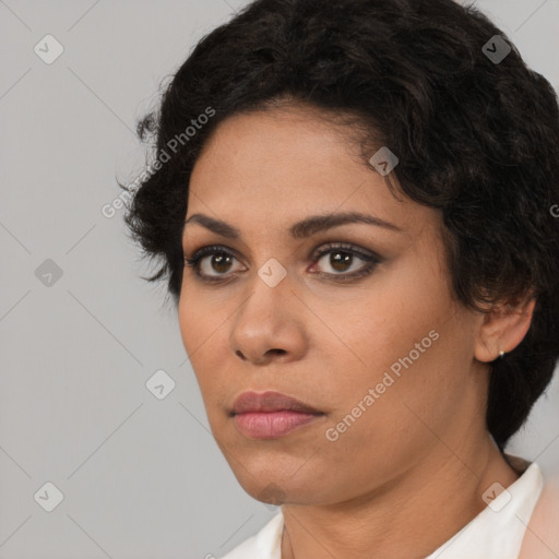 Neutral white young-adult female with short  brown hair and brown eyes