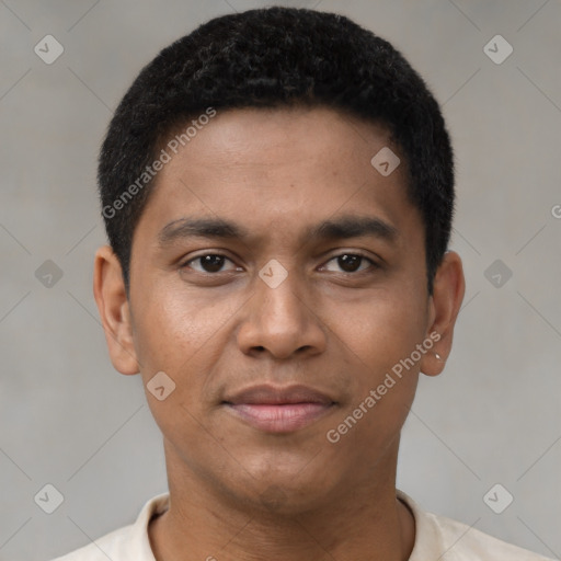 Joyful black young-adult male with short  brown hair and brown eyes