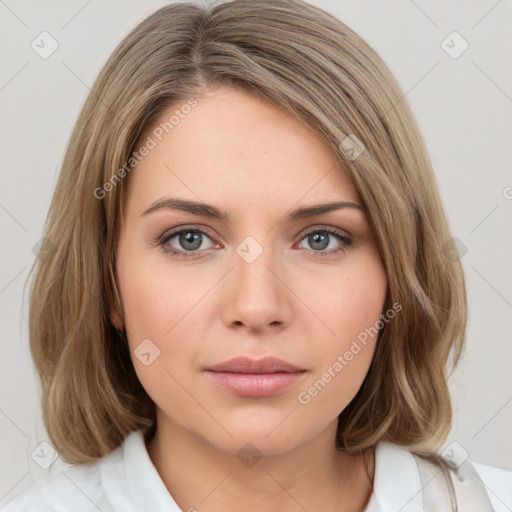 Neutral white young-adult female with medium  brown hair and brown eyes