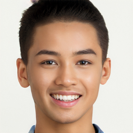 Joyful latino young-adult male with short  brown hair and brown eyes