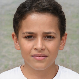 Joyful white child female with short  brown hair and brown eyes