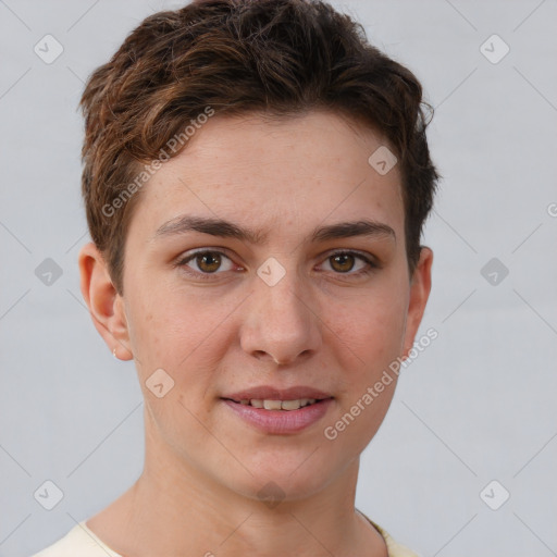 Joyful white young-adult female with short  brown hair and brown eyes