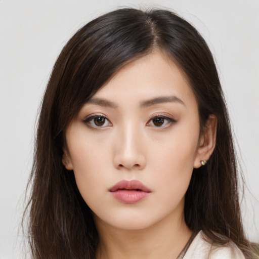 Neutral asian young-adult female with long  brown hair and brown eyes