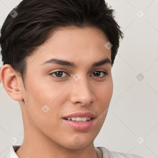 Joyful white young-adult female with short  brown hair and brown eyes