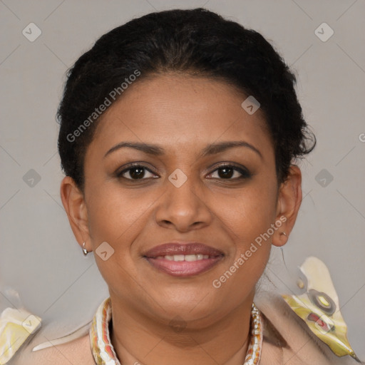 Joyful latino young-adult female with short  brown hair and brown eyes