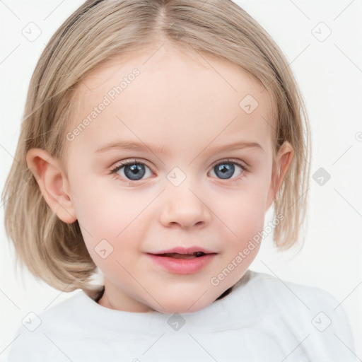 Joyful white child female with medium  brown hair and blue eyes