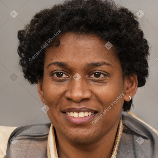 Joyful black adult female with short  brown hair and brown eyes