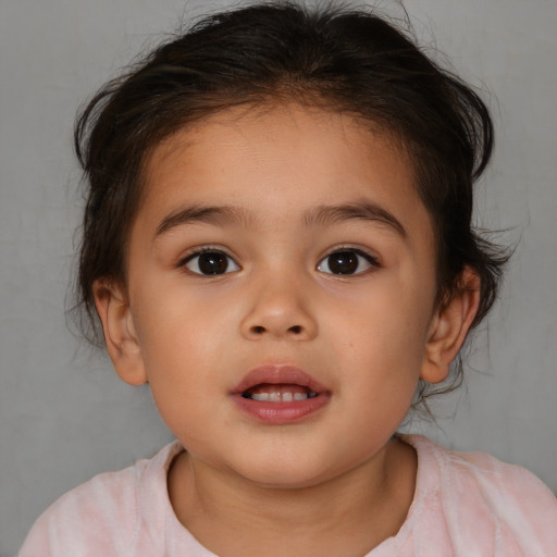 Joyful white child female with medium  brown hair and brown eyes