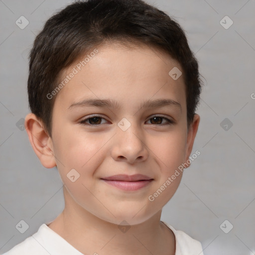 Joyful white child female with short  brown hair and brown eyes