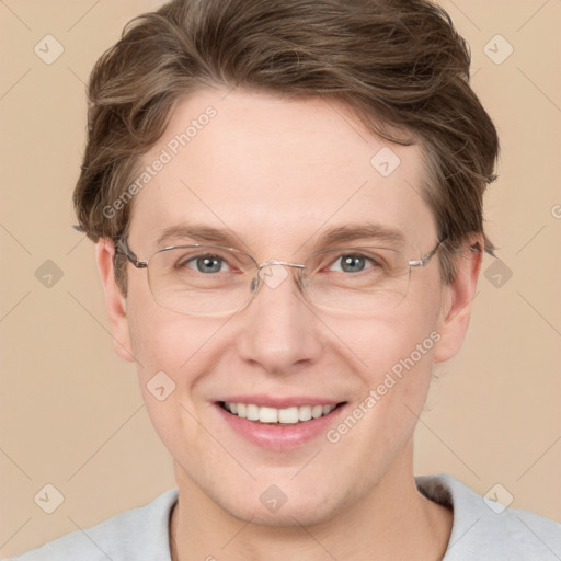 Joyful white adult female with short  brown hair and grey eyes