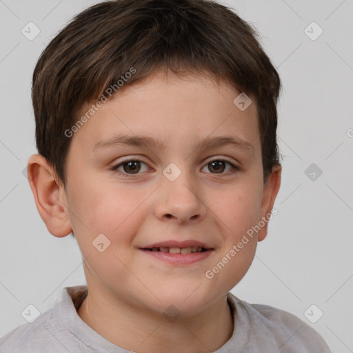 Joyful white child male with short  brown hair and brown eyes