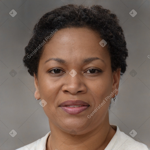 Joyful black adult female with short  brown hair and brown eyes