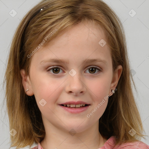 Joyful white child female with medium  brown hair and brown eyes