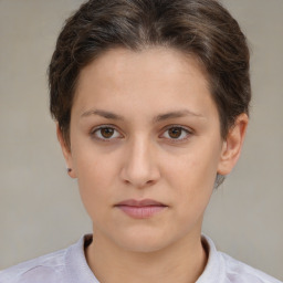 Neutral white young-adult female with short  brown hair and brown eyes