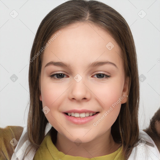 Joyful white child female with medium  brown hair and brown eyes