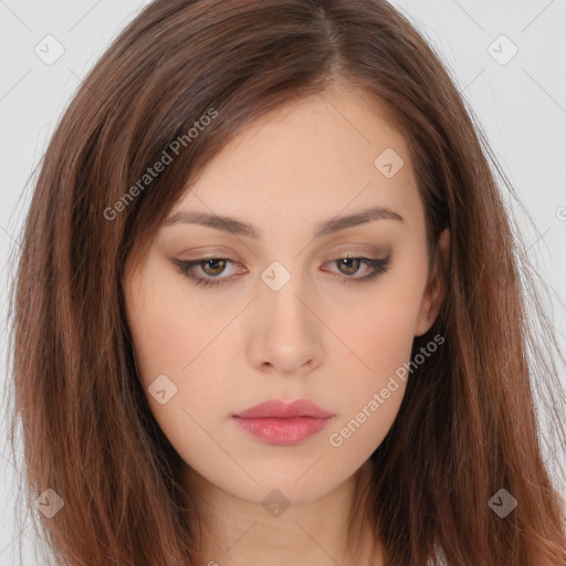 Neutral white young-adult female with long  brown hair and brown eyes