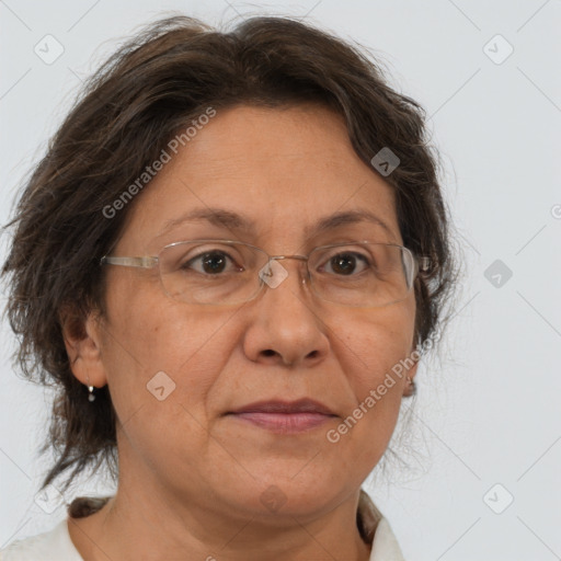 Joyful white middle-aged female with medium  brown hair and brown eyes