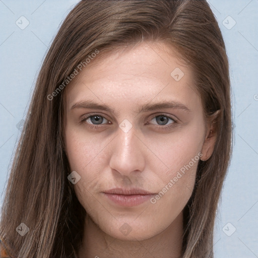 Neutral white young-adult female with long  brown hair and grey eyes