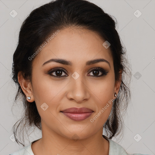 Joyful latino young-adult female with medium  brown hair and brown eyes