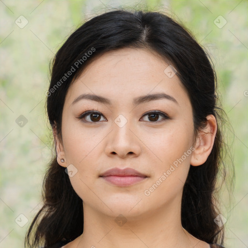 Neutral asian young-adult female with medium  brown hair and brown eyes