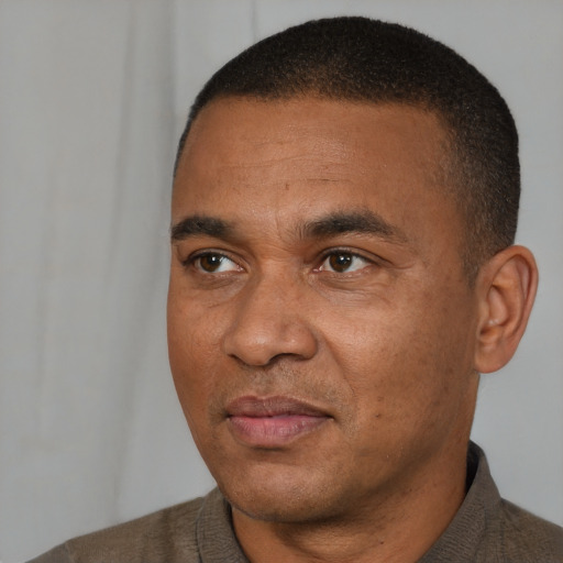 Joyful black adult male with short  black hair and brown eyes