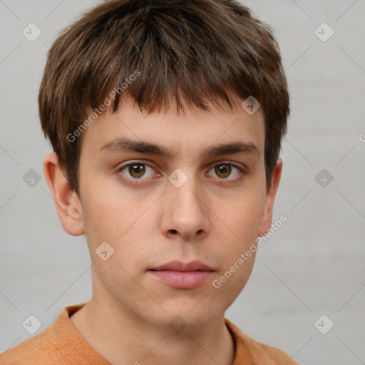 Neutral white young-adult male with short  brown hair and grey eyes