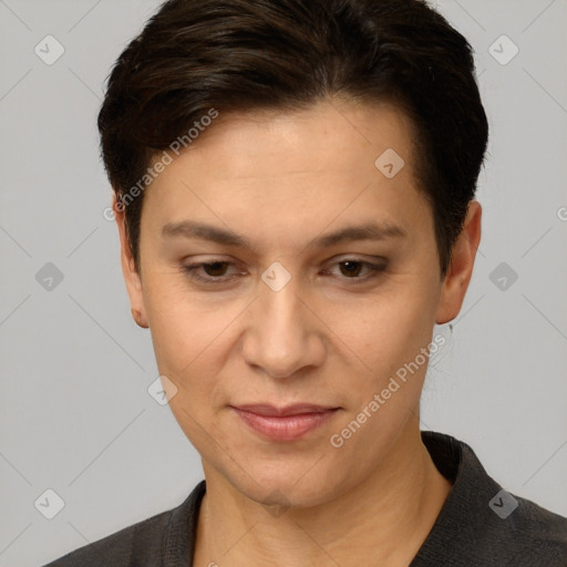 Joyful white young-adult female with short  brown hair and brown eyes