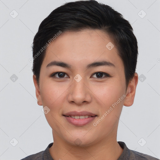 Joyful asian young-adult female with short  brown hair and brown eyes