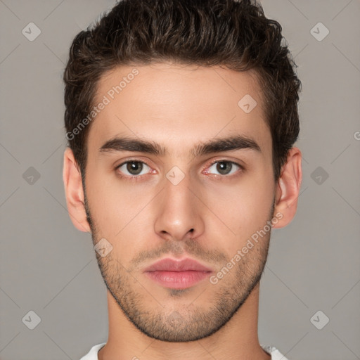 Neutral white young-adult male with short  brown hair and brown eyes