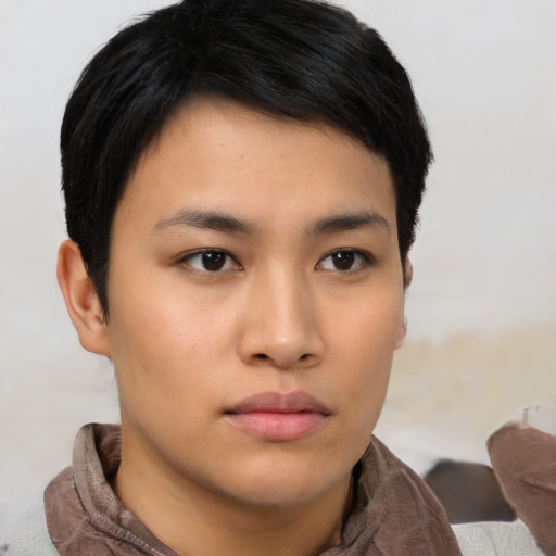 Neutral asian young-adult female with short  brown hair and brown eyes