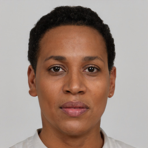Neutral black adult female with short  black hair and brown eyes
