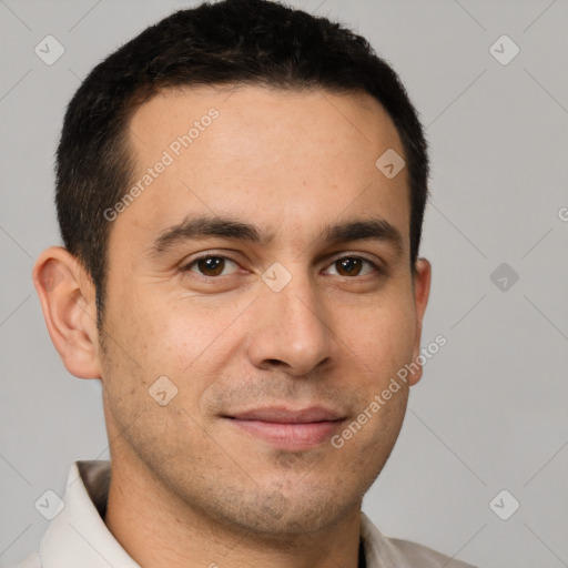 Joyful white young-adult male with short  brown hair and brown eyes