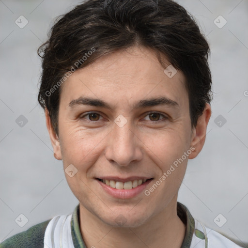 Joyful white adult female with short  brown hair and brown eyes