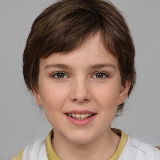 Joyful white child female with medium  brown hair and brown eyes