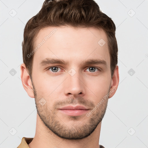 Neutral white young-adult male with short  brown hair and grey eyes