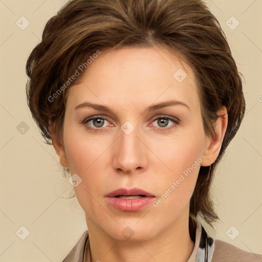 Neutral white young-adult female with medium  brown hair and grey eyes