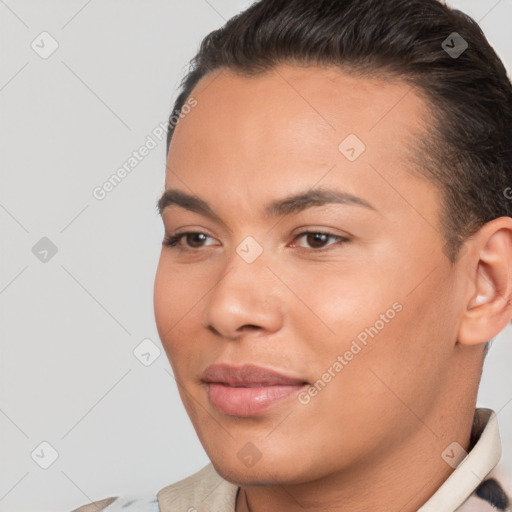 Joyful white young-adult female with short  brown hair and brown eyes