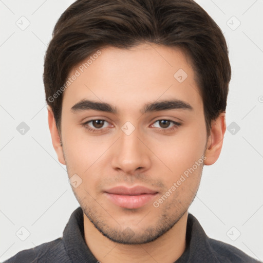 Neutral white young-adult male with short  brown hair and brown eyes