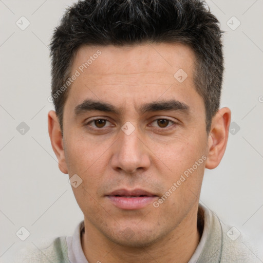 Neutral white adult male with short  brown hair and brown eyes