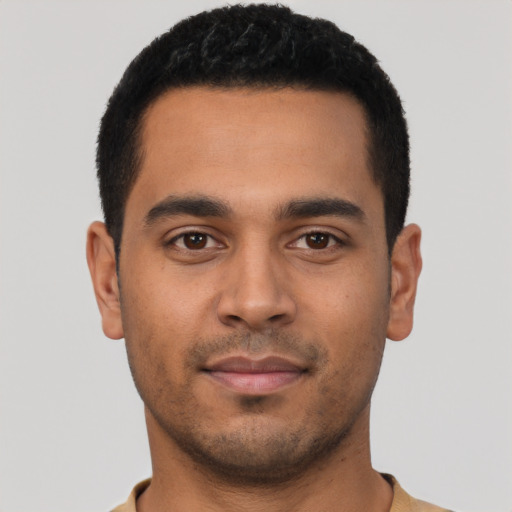 Neutral latino young-adult male with short  black hair and brown eyes