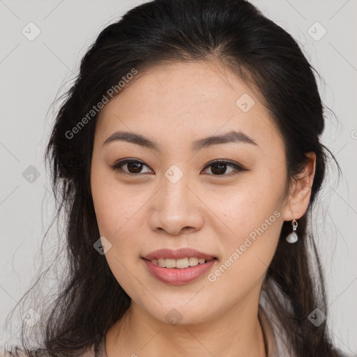 Joyful asian young-adult female with medium  brown hair and brown eyes