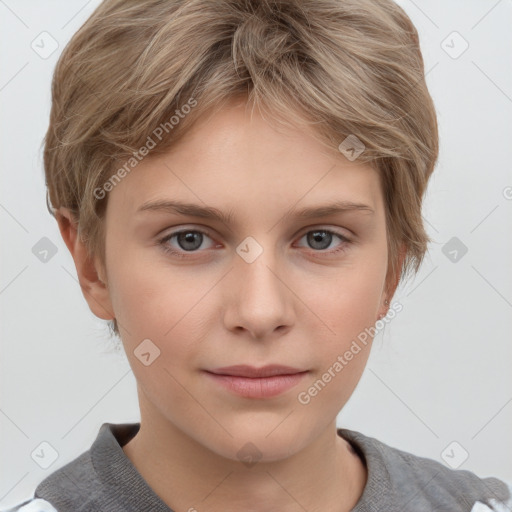 Joyful white child female with short  brown hair and grey eyes