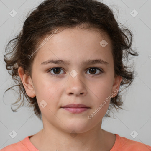 Joyful white child female with medium  brown hair and brown eyes