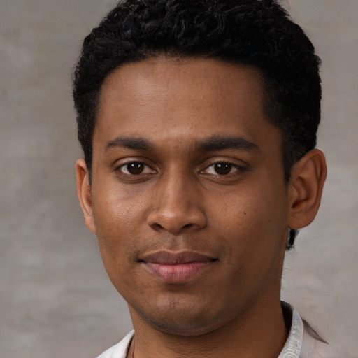 Neutral black young-adult male with short  black hair and brown eyes