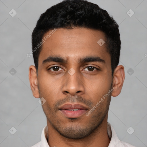 Neutral latino young-adult male with short  black hair and brown eyes