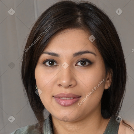 Joyful latino young-adult female with medium  brown hair and brown eyes