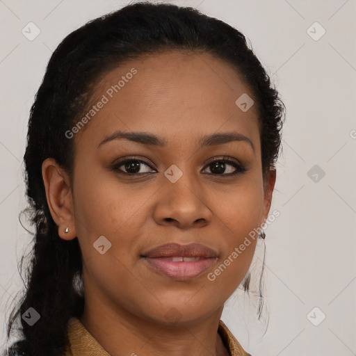 Joyful black young-adult female with medium  brown hair and brown eyes